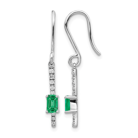 14k White Gold 1/8 Ct. Lab Grown Diamond VS/SI+ G+ and Created Emerald Sheppards Hook Earrings