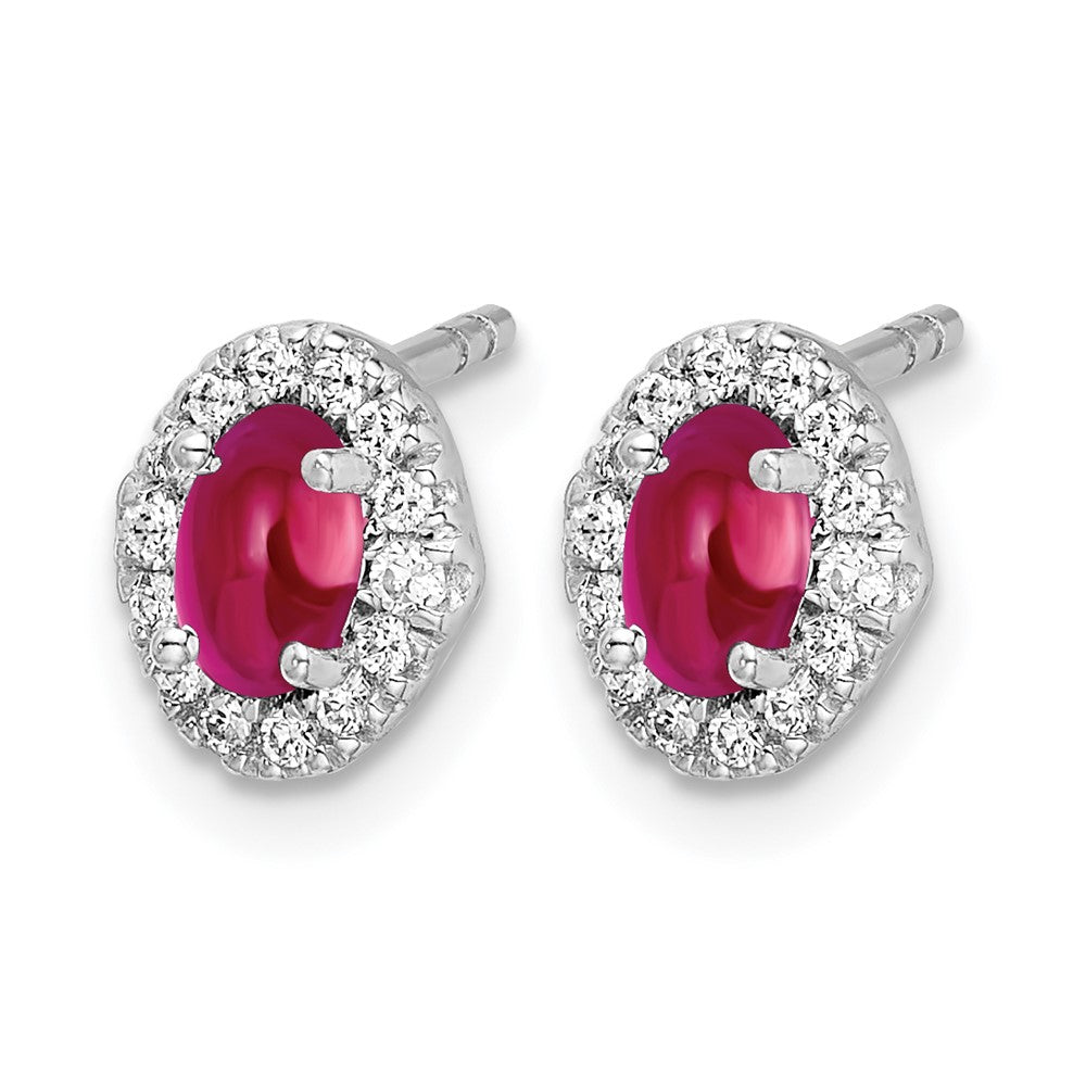 14k White Gold 1/6 Ct. Lab Grown Diamond VS/SI+ G+ and Oval Created Ruby Halo Post Earrings