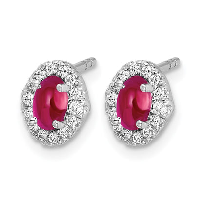 14k White Gold 1/6 Ct. Lab Grown Diamond VS/SI+ G+ and Oval Created Ruby Halo Post Earrings