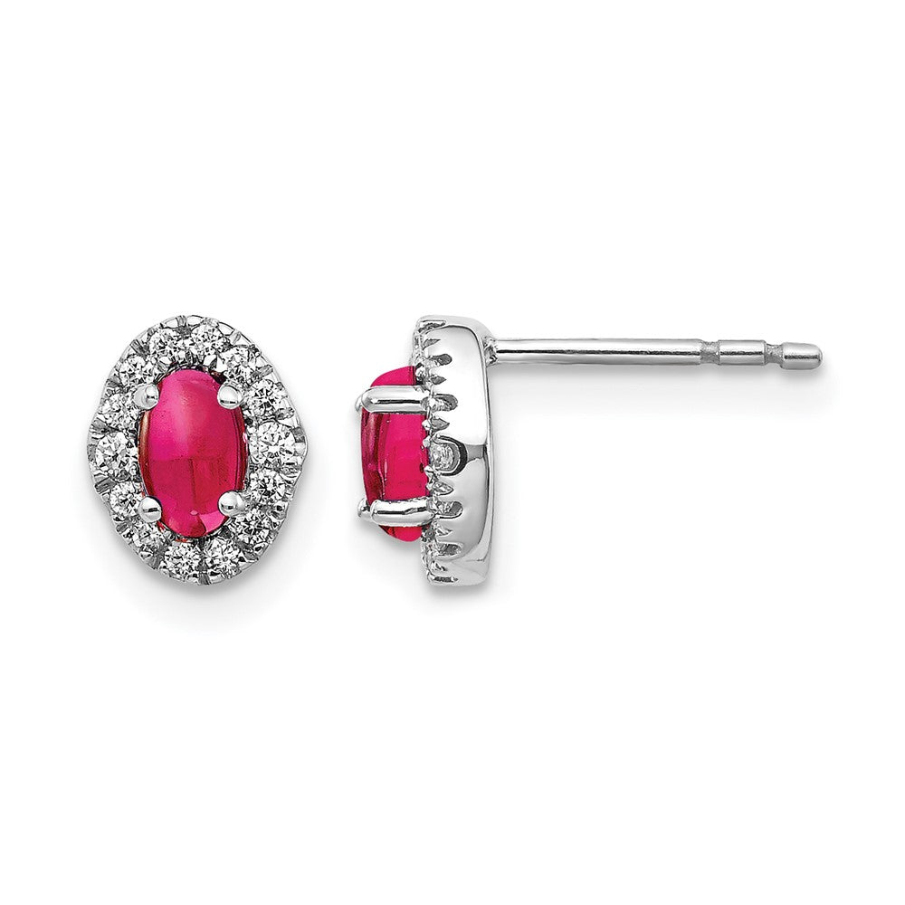 14k White Gold 1/6 Ct. Lab Grown Diamond VS/SI+ G+ and Oval Created Ruby Halo Post Earrings