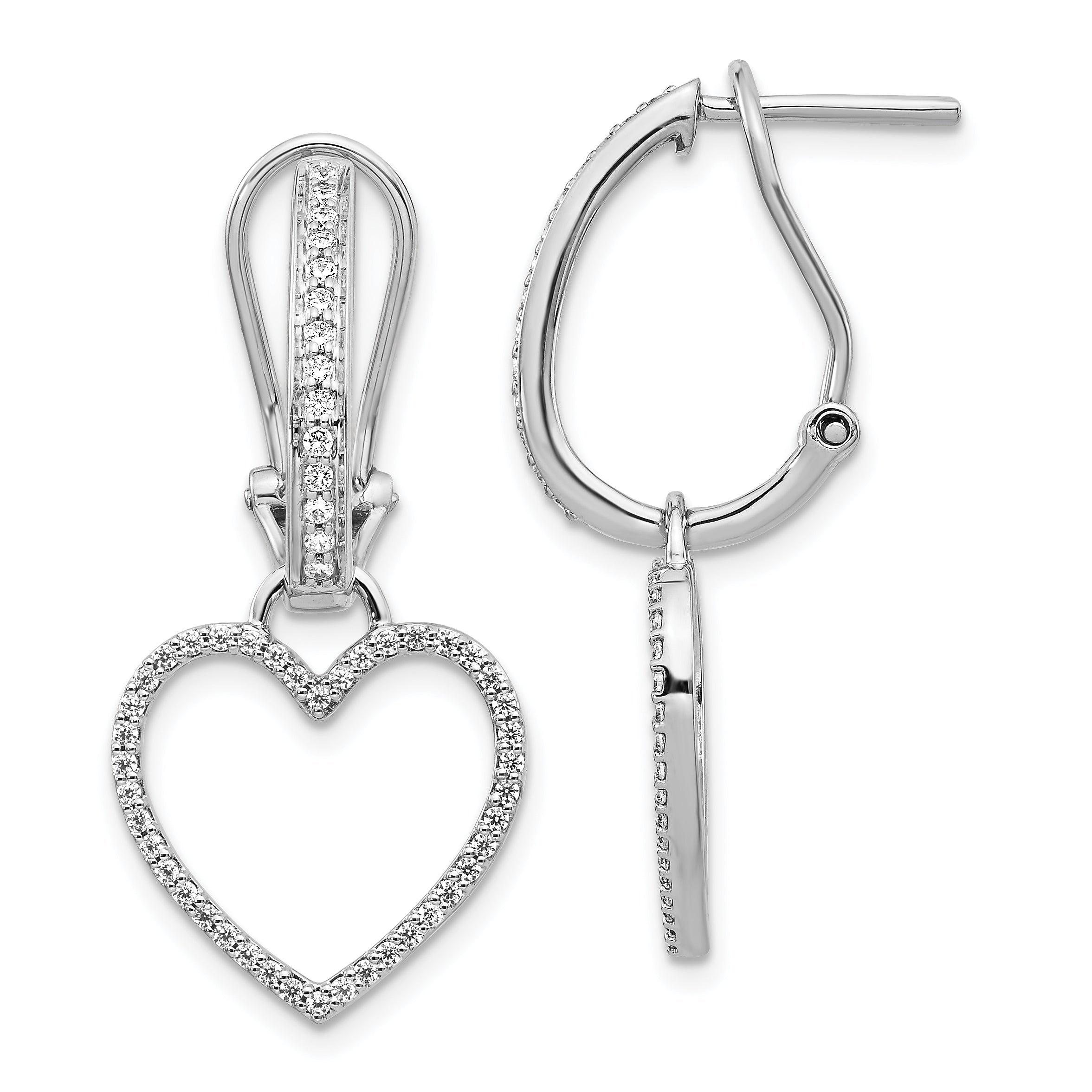 14K White Gold Diamond Heart Dangle Omega Back Earrings
