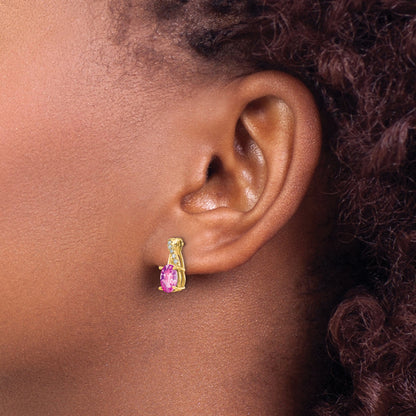 10K Yellow Gold Created Pink Sapphire And Diamond Earrings