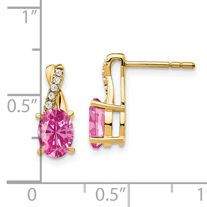10K Yellow Gold Created Pink Sapphire And Diamond Earrings