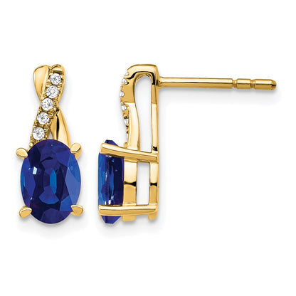 10K Yellow Gold Created Sapphire And Diamond Earrings
