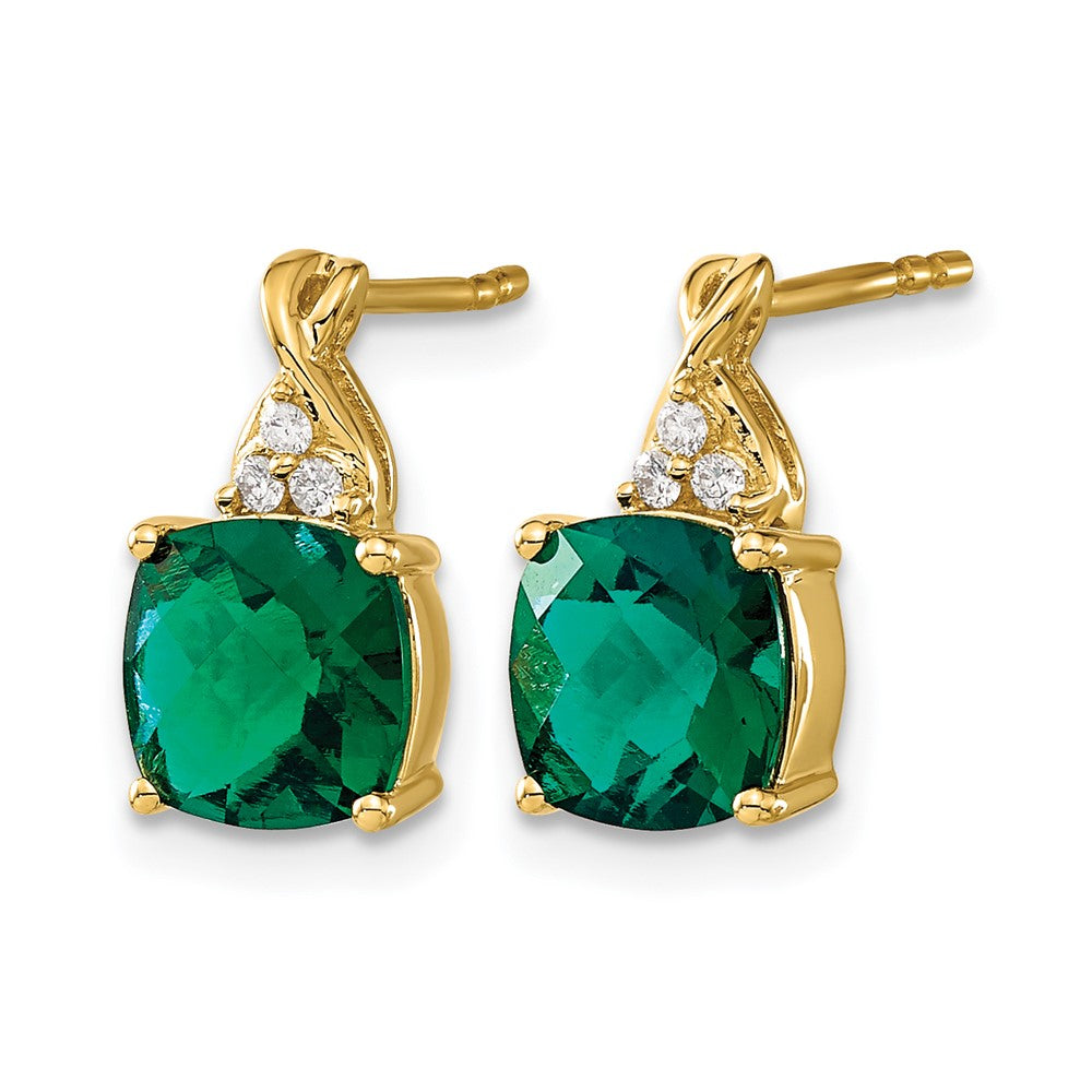 10K Yellow Gold Checkerboard Created Emerald And Diamond Earrings