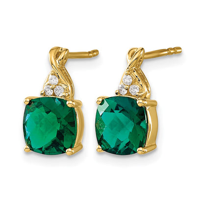 10K Yellow Gold Checkerboard Created Emerald And Diamond Earrings