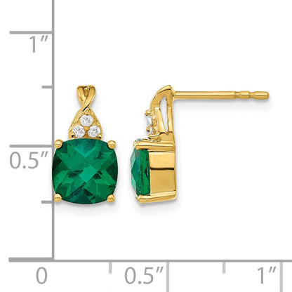 10K Yellow Gold Checkerboard Created Emerald And Diamond Earrings