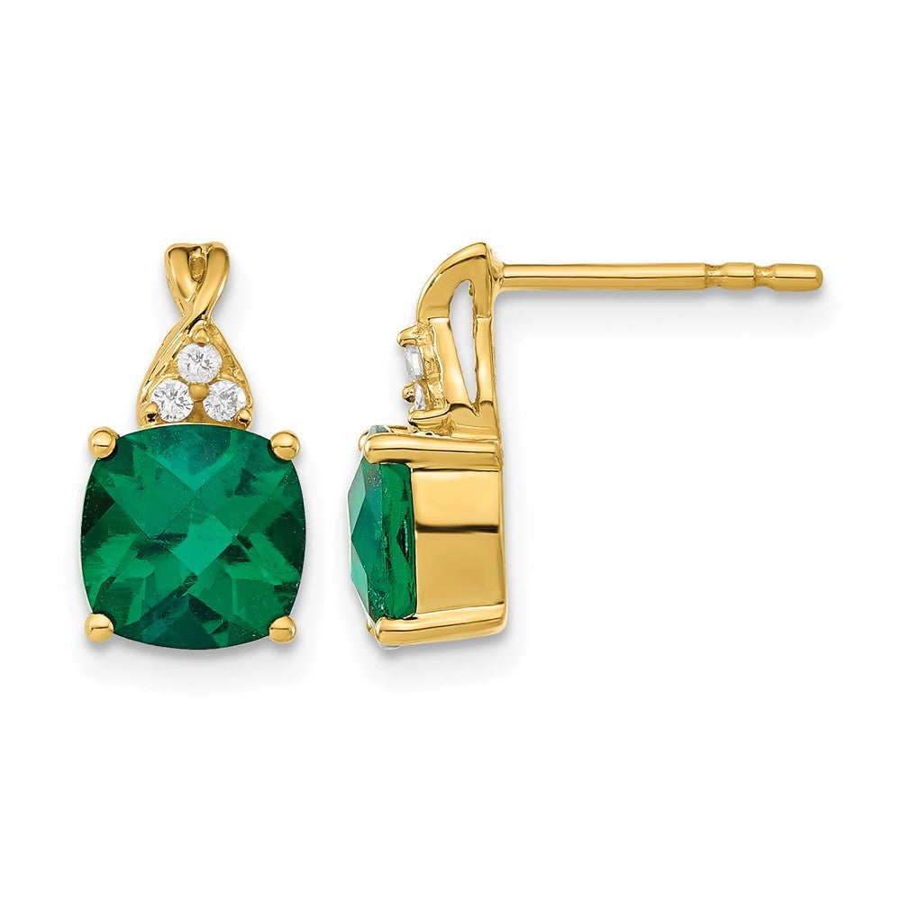 10K Yellow Gold Checkerboard Created Emerald And Diamond Earrings