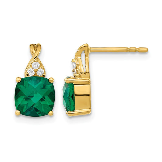10K Yellow Gold Checkerboard Created Emerald And Diamond Earrings