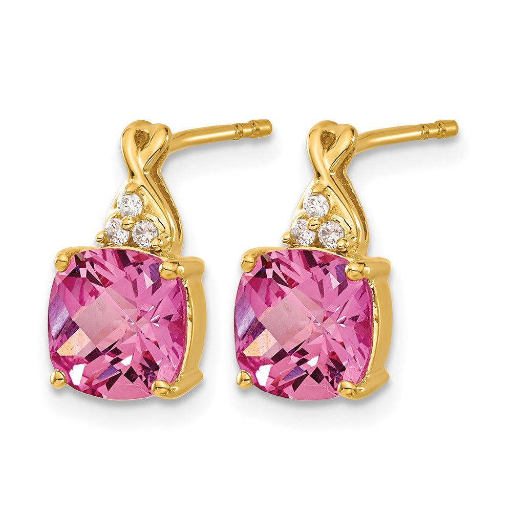 10K Yellow Gold Checkerboard Created Pink Sapphire And Diamond Earrings