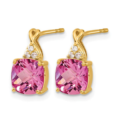10K Yellow Gold Checkerboard Created Pink Sapphire And Diamond Earrings