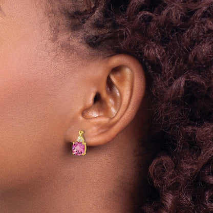10K Yellow Gold Checkerboard Created Pink Sapphire And Diamond Earrings