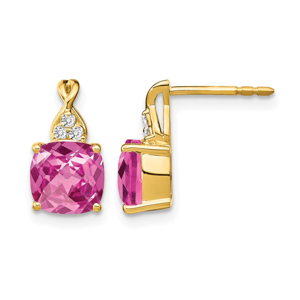 10K Yellow Gold Checkerboard Created Pink Sapphire And Diamond Earrings