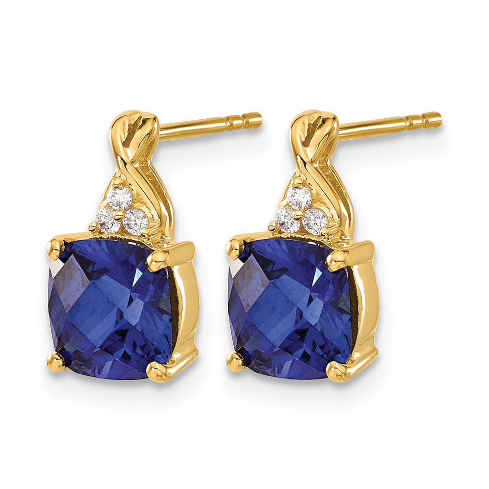 10K Yellow Gold Checkerboard Created Sapphire And Diamond Earrings