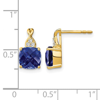 10K Yellow Gold Checkerboard Created Sapphire And Diamond Earrings