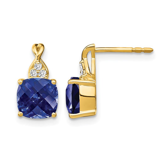 10K Yellow Gold Checkerboard Created Sapphire And Diamond Earrings