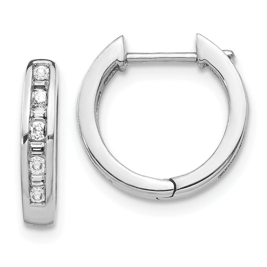 10K White Gold Round/Baguette Diamond Hinged Hoop Earrings