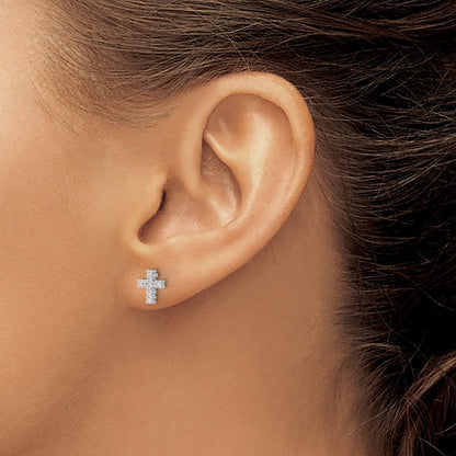10K White Gold Polished Diamond Cross Post Earrings