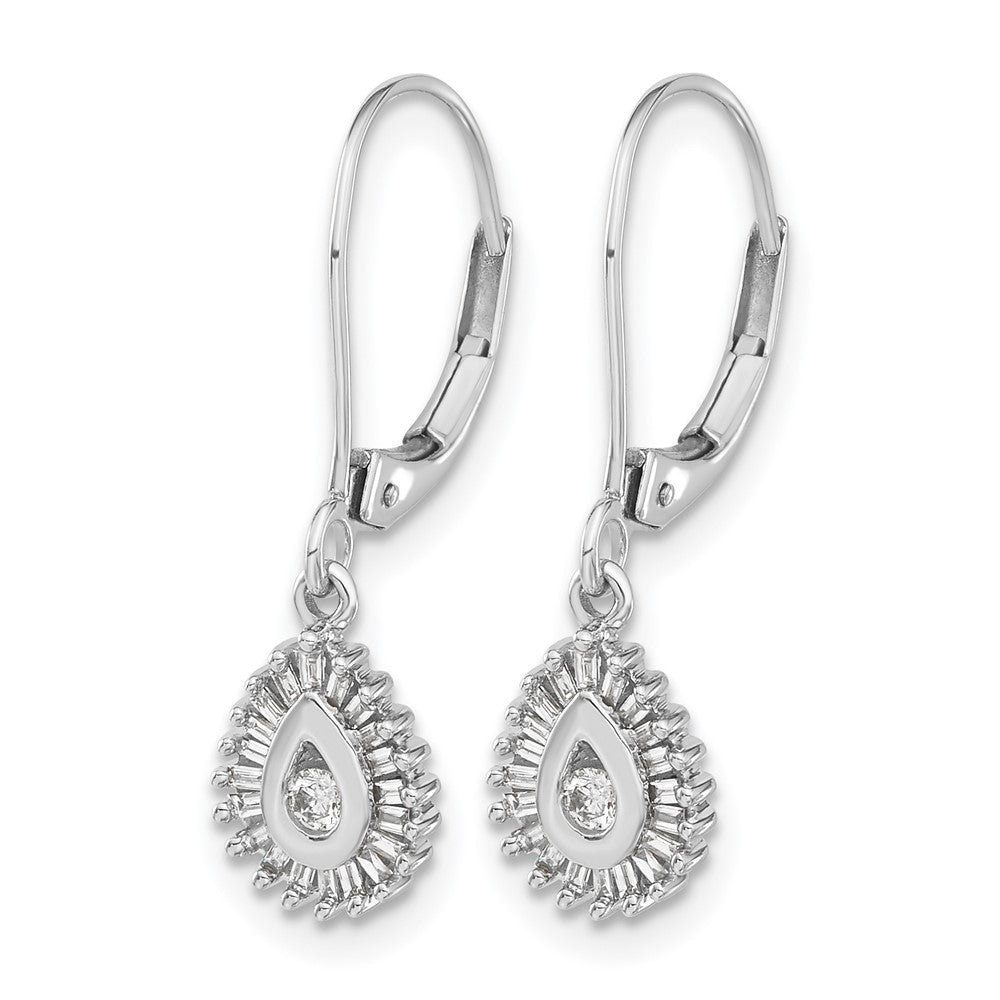 10K White Gold Baguette Diamond Teardrop Halo Leverback Earrings