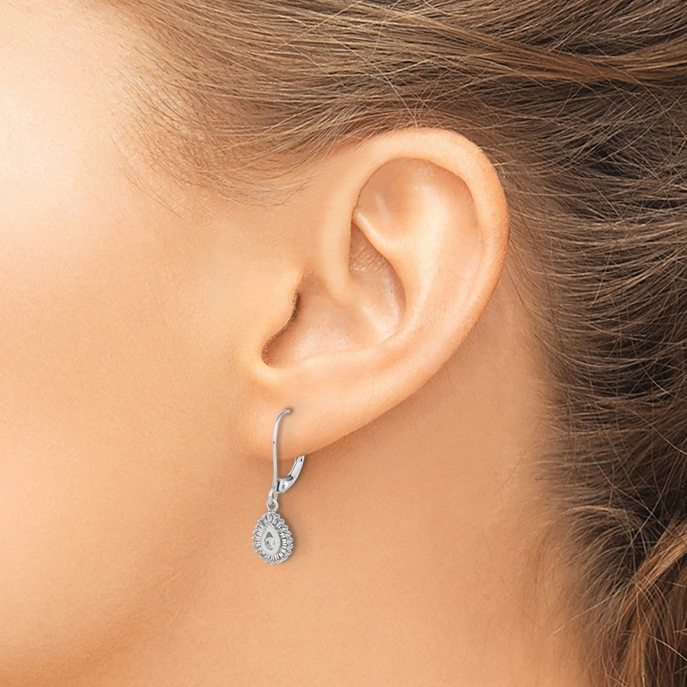 10K White Gold Baguette Diamond Teardrop Halo Leverback Earrings