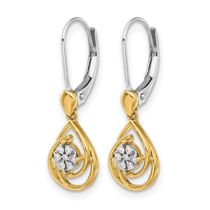 10K Two-Tone Diamond Teardrop Dangle Leverback Earrings