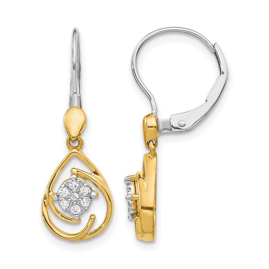 10K Two-Tone Diamond Teardrop Dangle Leverback Earrings