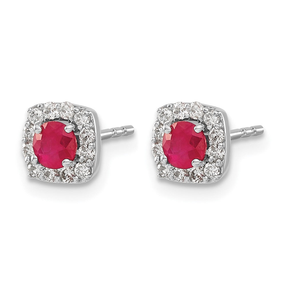 14k White Gold 1/5 Ct. Lab Grown Diamond VS/SI+ G+ and Created Ruby Square Halo Post Earrings