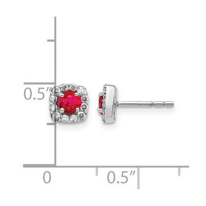 14k White Gold 1/5 Ct. Lab Grown Diamond VS/SI+ G+ and Created Ruby Square Halo Post Earrings