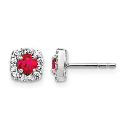 14k White Gold 1/5 Ct. Lab Grown Diamond VS/SI+ G+ and Created Ruby Square Halo Post Earrings