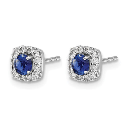 14k White Gold 1/5 Ct. Lab Grown Diamond VS/SI+ G+ and Created Sapphire Square Halo Post Earrings