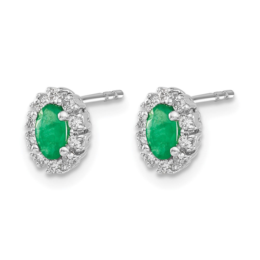 14k White Gold 1/5 Ct. Lab Grown Diamond VS/SI+ G+ and Oval Created Emerald Halo Post Earrings