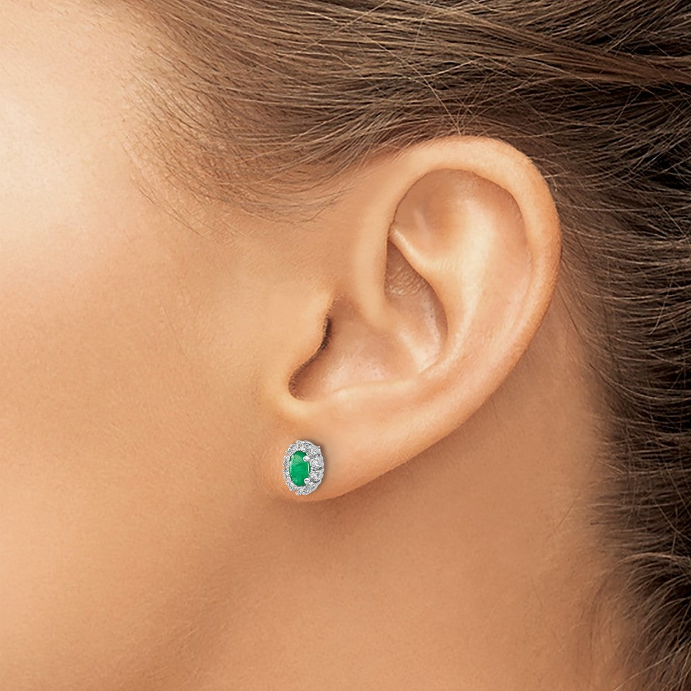 14k White Gold 1/5 Ct. Lab Grown Diamond VS/SI+ G+ and Oval Created Emerald Halo Post Earrings