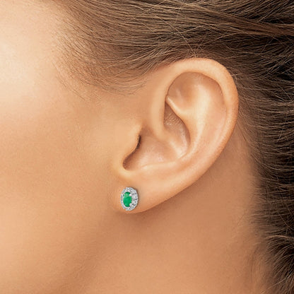 14k White Gold 1/5 Ct. Lab Grown Diamond VS/SI+ G+ and Oval Created Emerald Halo Post Earrings