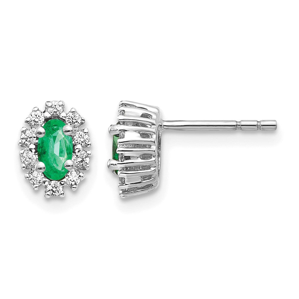 14k White Gold 1/5 Ct. Lab Grown Diamond VS/SI+ G+ and Oval Created Emerald Halo Post Earrings