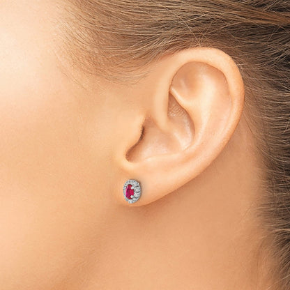10K White Gold Diamond And Ruby Oval Halo Earrings
