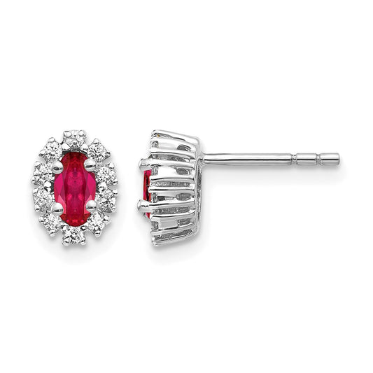 14k White Gold 1/5 Ct. Lab Grown Diamond VS/SI+ G+ and Oval Created Ruby Halo Post Earrings