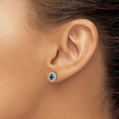 10K White Gold Diamond And Sapphire Oval Halo Earrings