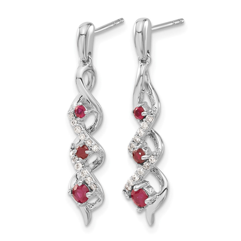 10K White Gold Diamond And Ruby 3 Stone Post Dangle Earrings