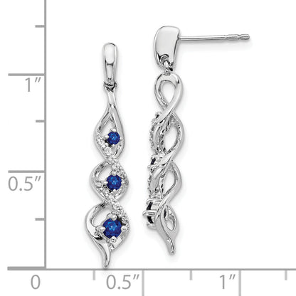 10K White Gold Diamond And Blue Sapphire 3 Stone Post Dangle Earrings