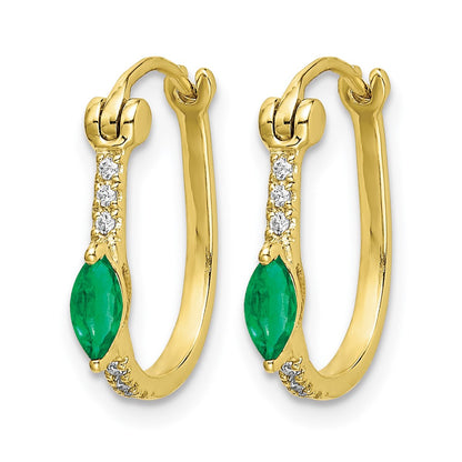 10K Yellow Gold 1/20Ct Diamond And Emerald Hinged Hoop Earrings