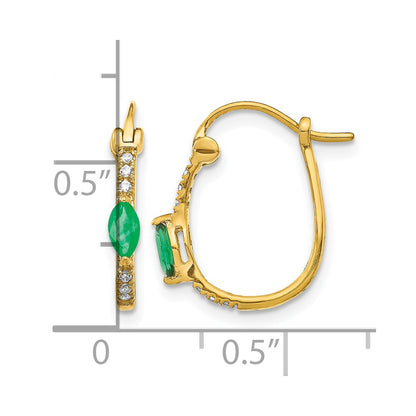 10K Yellow Gold 1/20Ct Diamond And Emerald Hinged Hoop Earrings