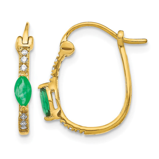 10K Yellow Gold 1/20Ct Diamond And Emerald Hinged Hoop Earrings