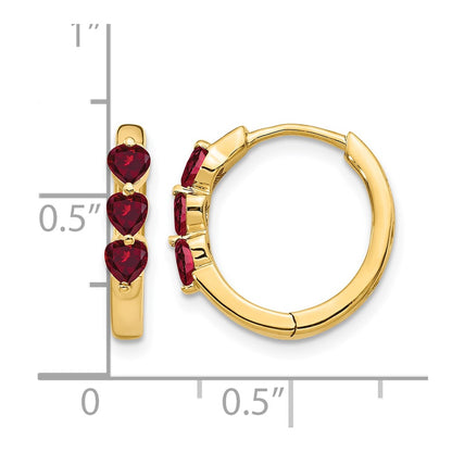 10K Yellow Gold 3 Stone Created Ruby Polished Hinged Hoop Earrings