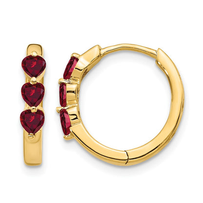 10K Yellow Gold 3 Stone Created Ruby Polished Hinged Hoop Earrings