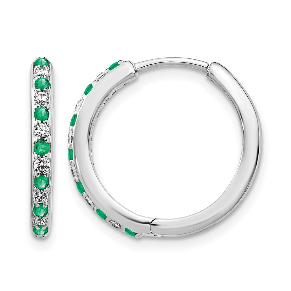 14k White Gold 1/5 Ct. Lab Grown Diamond VS/SI+ G+ and Created Emerald Hinged Hoop Earrings