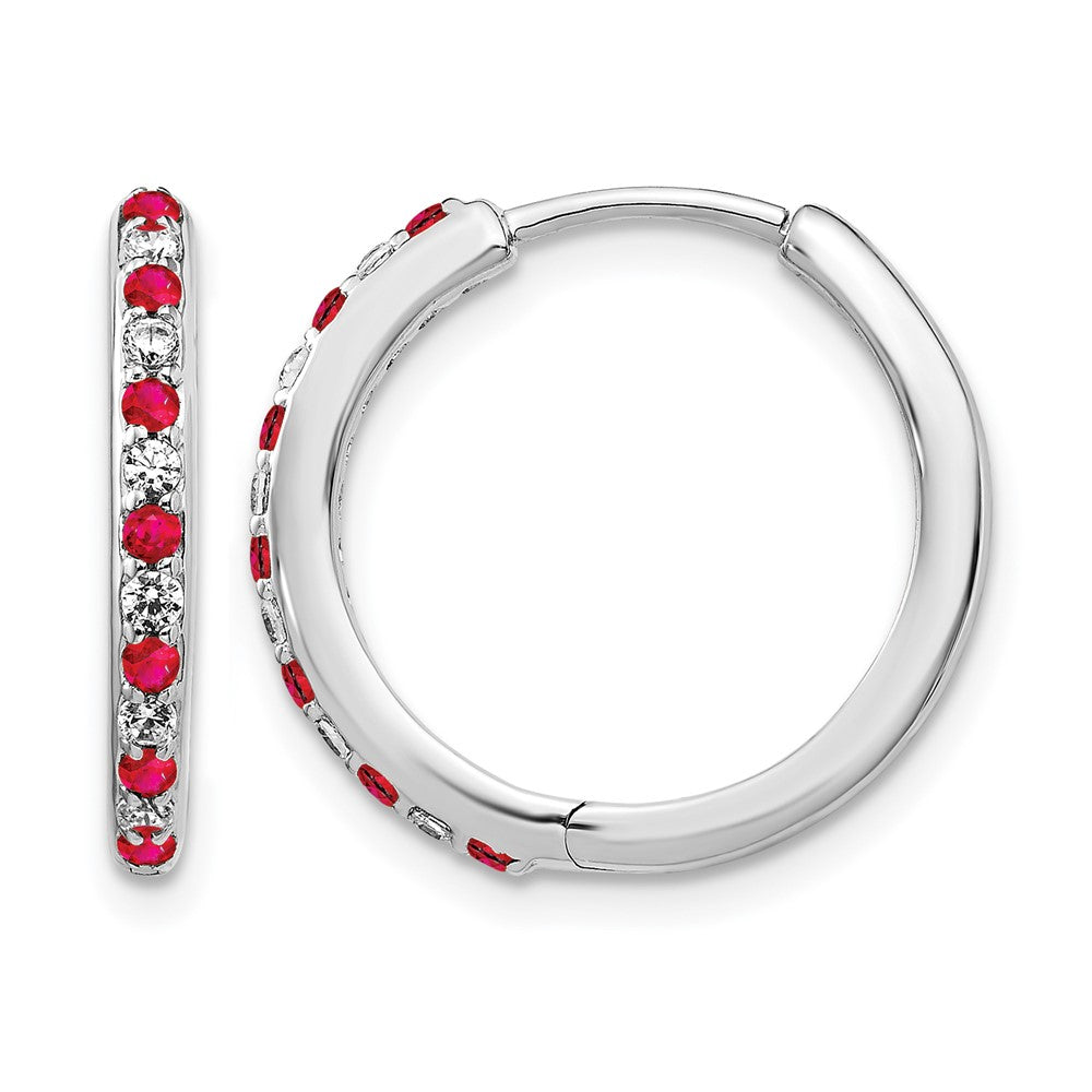 14k White Gold 1/5 Ct. Lab Grown Diamond VS/SI+ G+ and Created Ruby Hinged Hoop Earrings