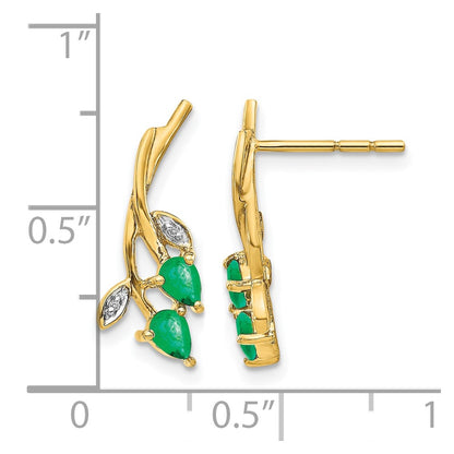 10K Yellow Gold Diamond And Pear Emerald Floral Post Earrings