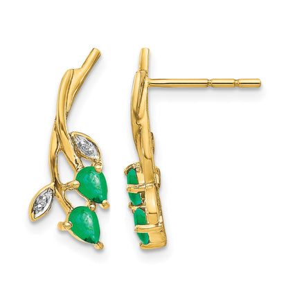 10K Yellow Gold Diamond And Pear Emerald Floral Post Earrings
