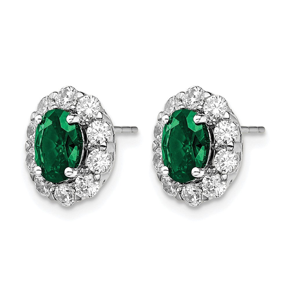 14k White Gold 1 1/5 Ct. Lab Grown Diamond VS/SI+ G+ and Oval Created Emerald Halo Post Earrings