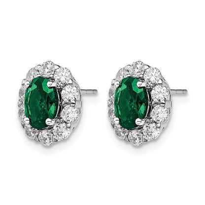 14k White Gold 1 1/5 Ct. Lab Grown Diamond VS/SI+ G+ and Oval Created Emerald Halo Post Earrings